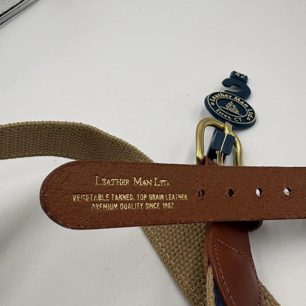 Leather Man Ltd. Ribbon Belt Mens‎ 42 Blue Deer Embroidered Brass Buckle Golf